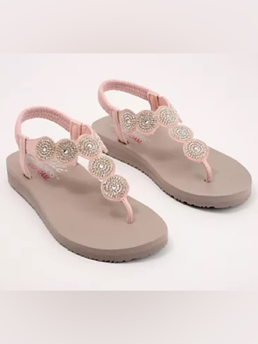 Pink Beaded T‑Strap Sandals with Elastic Back Size 8